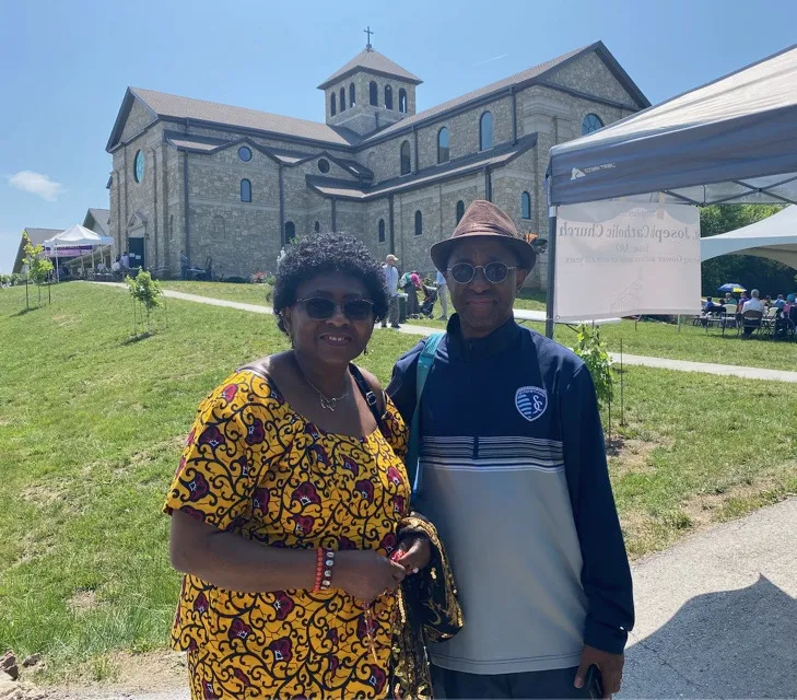 Kate and Peteh Jalloh of Kansas City, Missouri, said it was a "blessing" to view the apparently well-preserved body of Sister Wilhelmina Lancaster at her abbey in Gower, Missouri, on May 29, 2023. Joe Bukuras/CNA