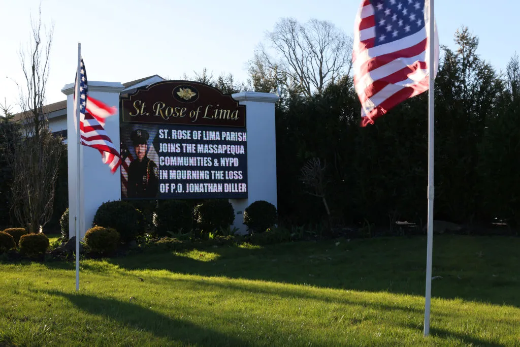 A message of mourning for the funeral of NYPD officer Jonathan Diller is seen at St. Rose of Lima Catholic Church on March 30, 2024, in Massapequa, New York. Credit: Michael M. Santiago/Getty Images