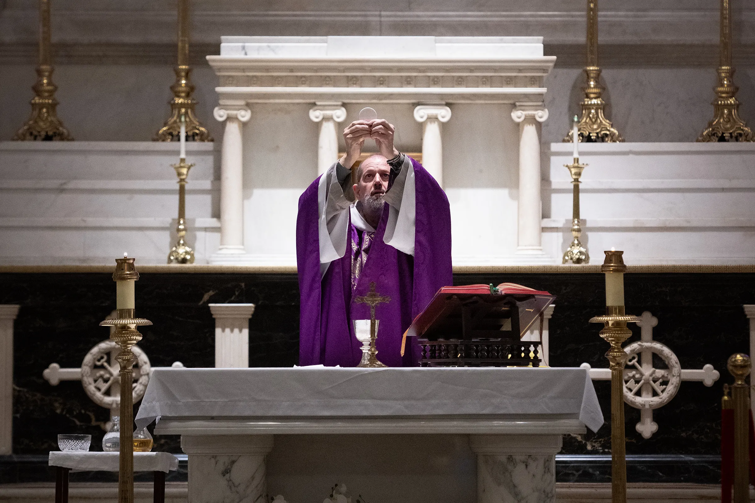 Father Lawrence Schroedel of the Franciscan Friars of the Renewal celebrates Mass before the International Gift of Life Walk at St. Peter’s Parish in New York City, on March 23, 2024. Credit: Jeffrey Bruno