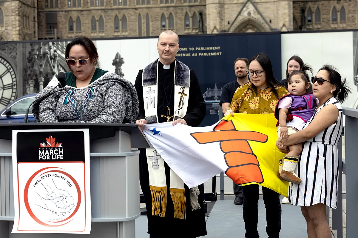 Diana Kringayark shares about her pro-life ministry in Naujaat, Nunavut, at the Ottawa March for Life on May 9, 2024. Credit: Peter Stockland