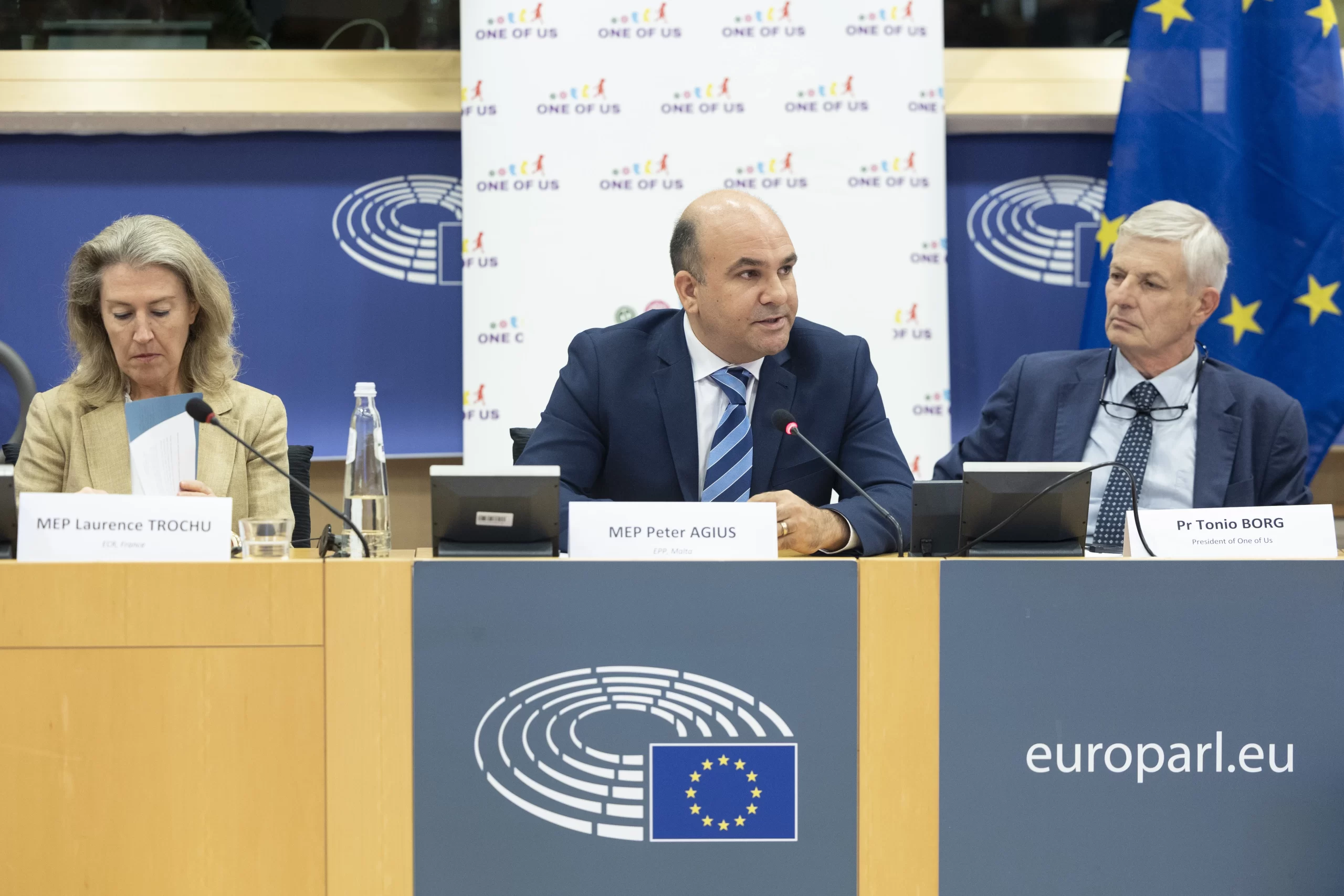 Members of the European Parliament with former European Commissioner for Health Tonio Borg at the pro-life event at the European Parliament in Brussels, Oct. 15, 2025. Credit: European Centre for Law and Justice (ECLJ)