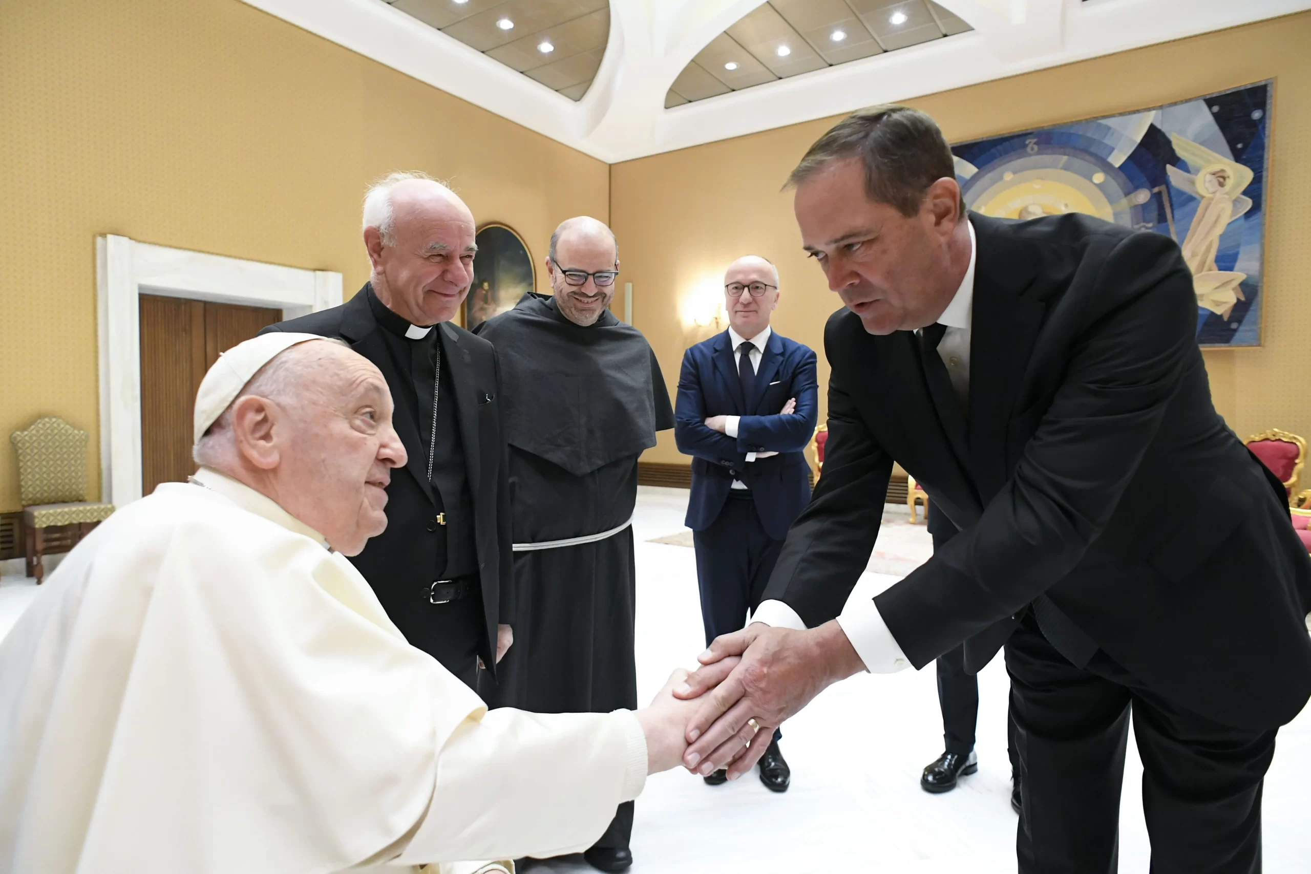 Pope Francis meets with Chuck Robbins, the chief executive of multinational digital communications conglomerate Cisco, on April 24, 2024, at the Vatican. Credit: Vatican Media