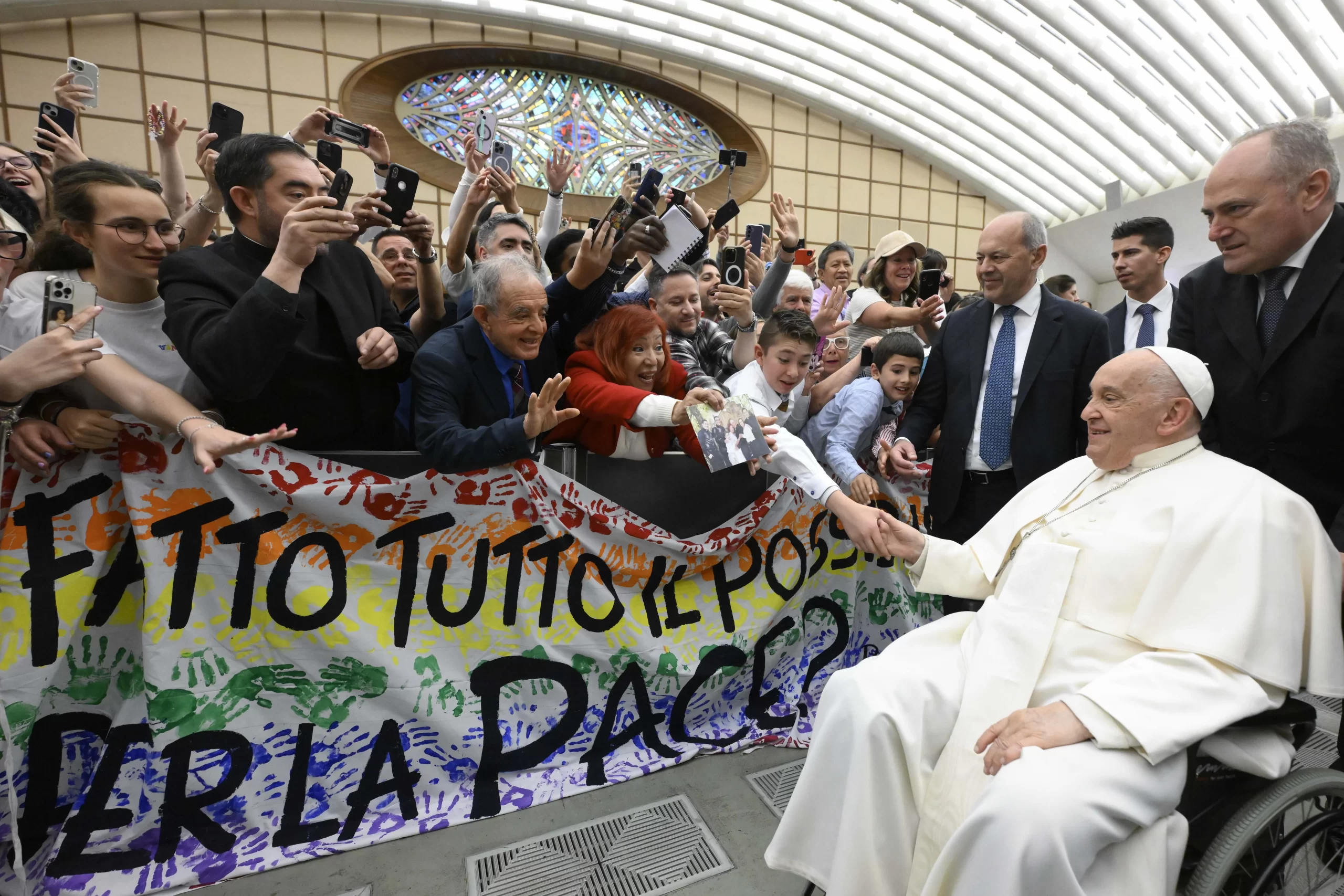 Pope Francis greets pilgrims at his general audience on Wednesday, May 1, 2024, in Paul VI Hall at the Vatican. Credit: Vatican Media