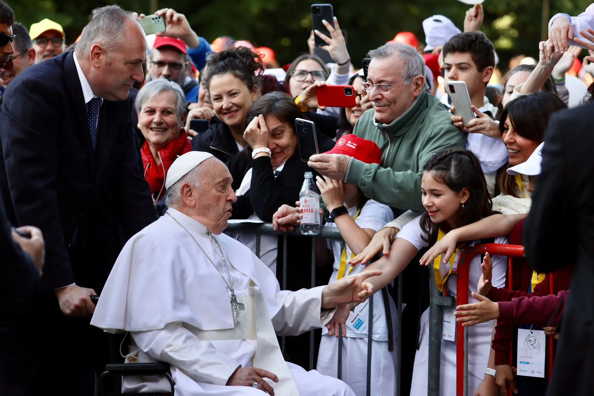 Pope Francis greets pilgrims as he arrives in Verona, Italy, for a pastoral visit on May 18, 2024. Credit: Daniel Ibañez/CNA