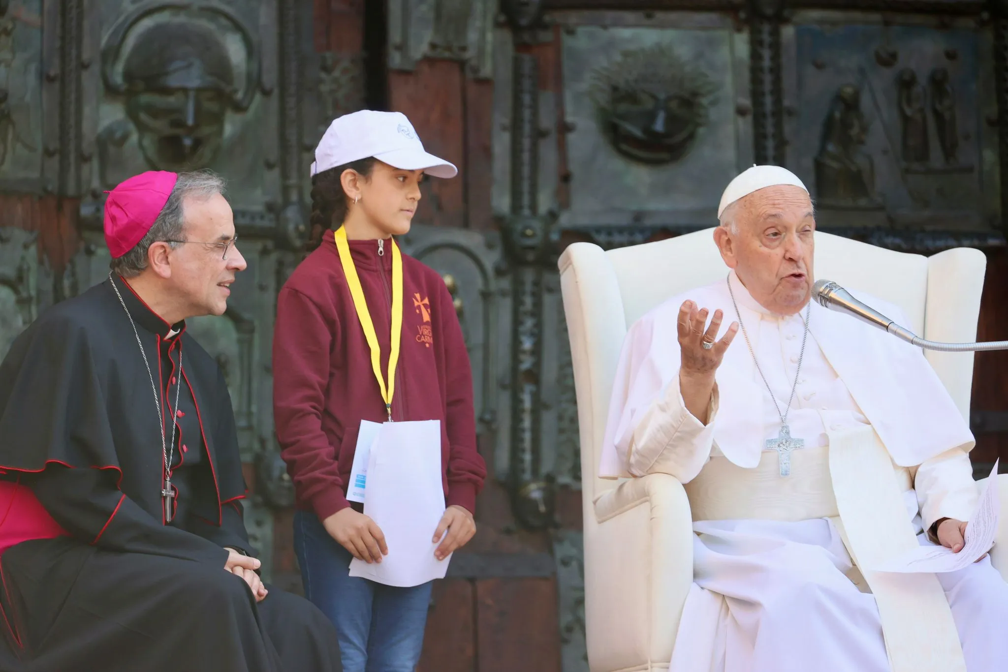 Pope Francis speaks to young people gathered in San Zeno Square in Verona, Italy, after a meeting with priests in the Basilica of San Zeno on May 18, 2024. Credit: Daniel Ibañez/CNA