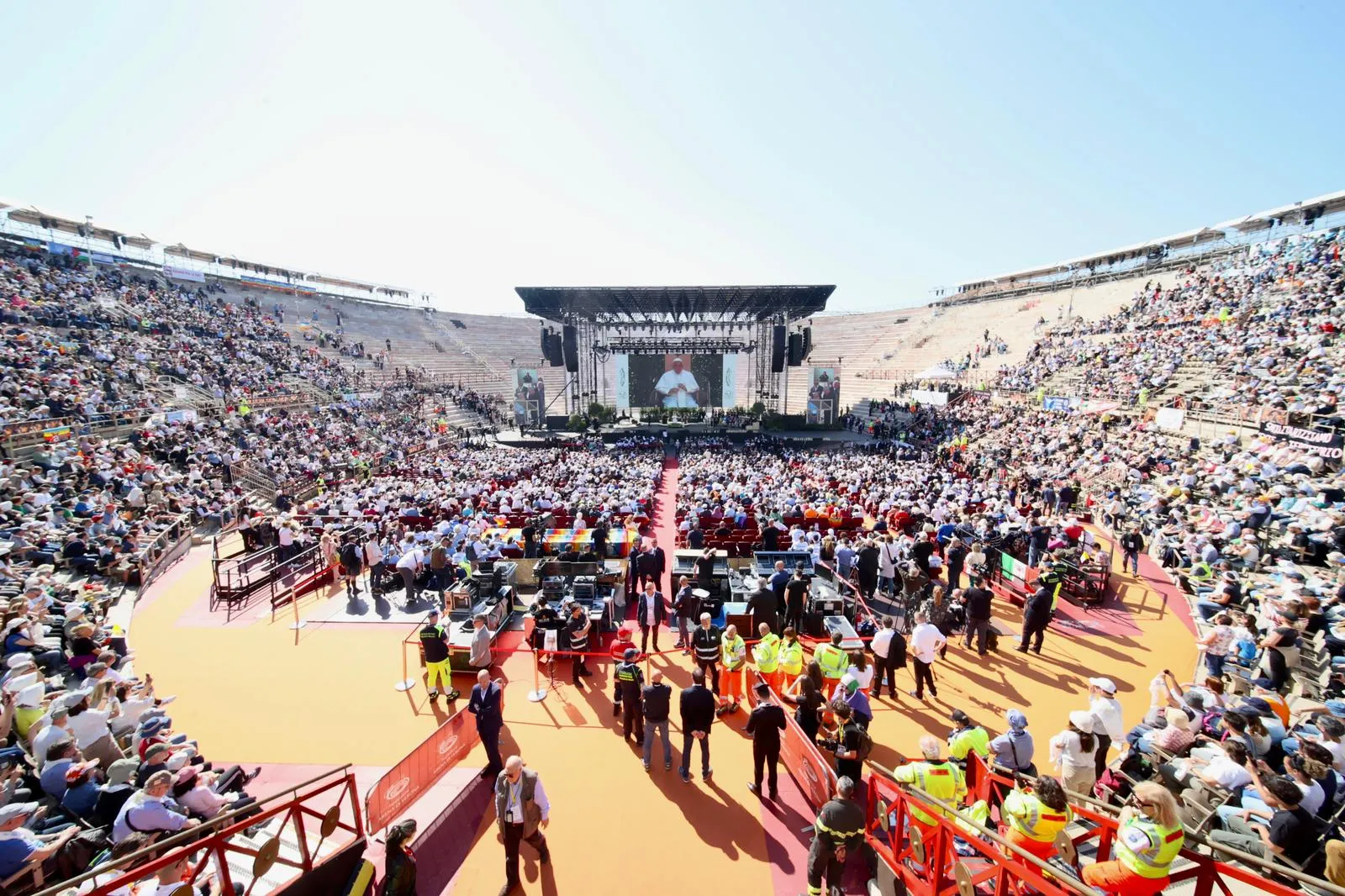 Pope Francis arrives at the arena in Verona, Italy, on May 18, 2024. Credit: Daniel Ibañez/CNA