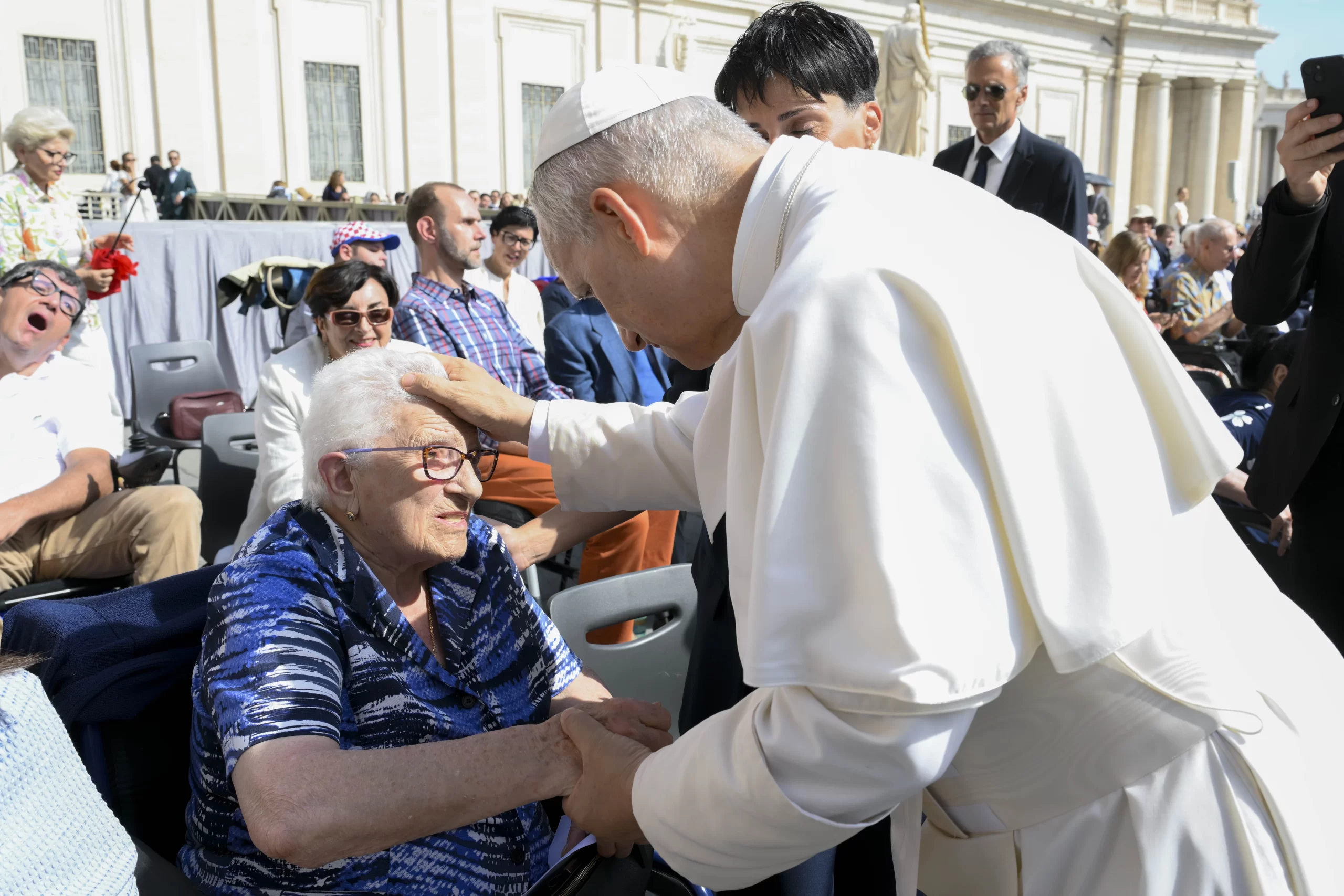 Pope Leo XIV blesses an elderly woman during his general audience on Wednesday, Sept. 17, 2025, in St. Peter’s Square at the Vatican. Credit: Vatican Media