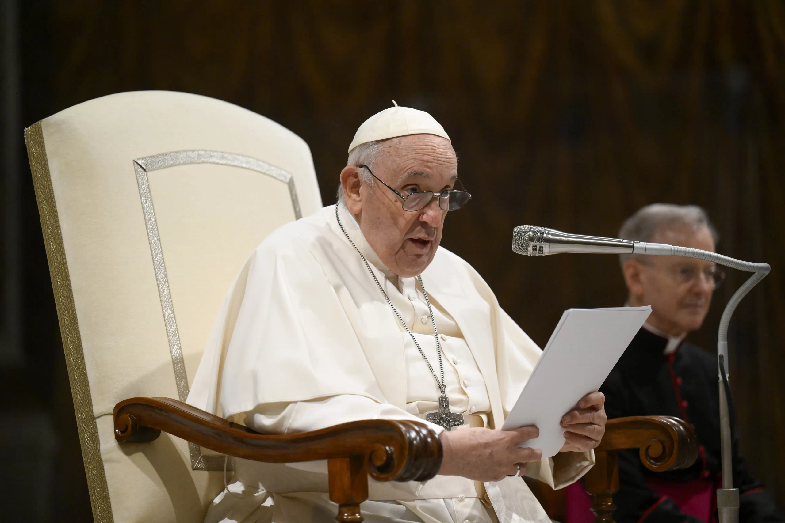 Pope Francis addresses approximately 200 prominent artists and other creative people from more than 30 countries in the Sistine Chapel on June 23, 2023. Credit: Vatican Media