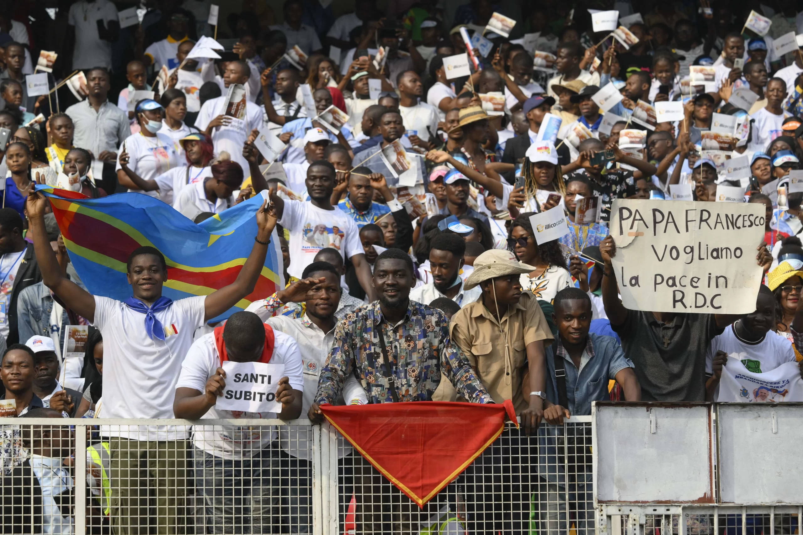 Pope Francis interacted with an energetic crowd of 65,000 young adults and catechists at Martyrs' Stadium in Kinshasa, Democratic Republic of Congo, on Feb. 2, 2023. Vatican Media