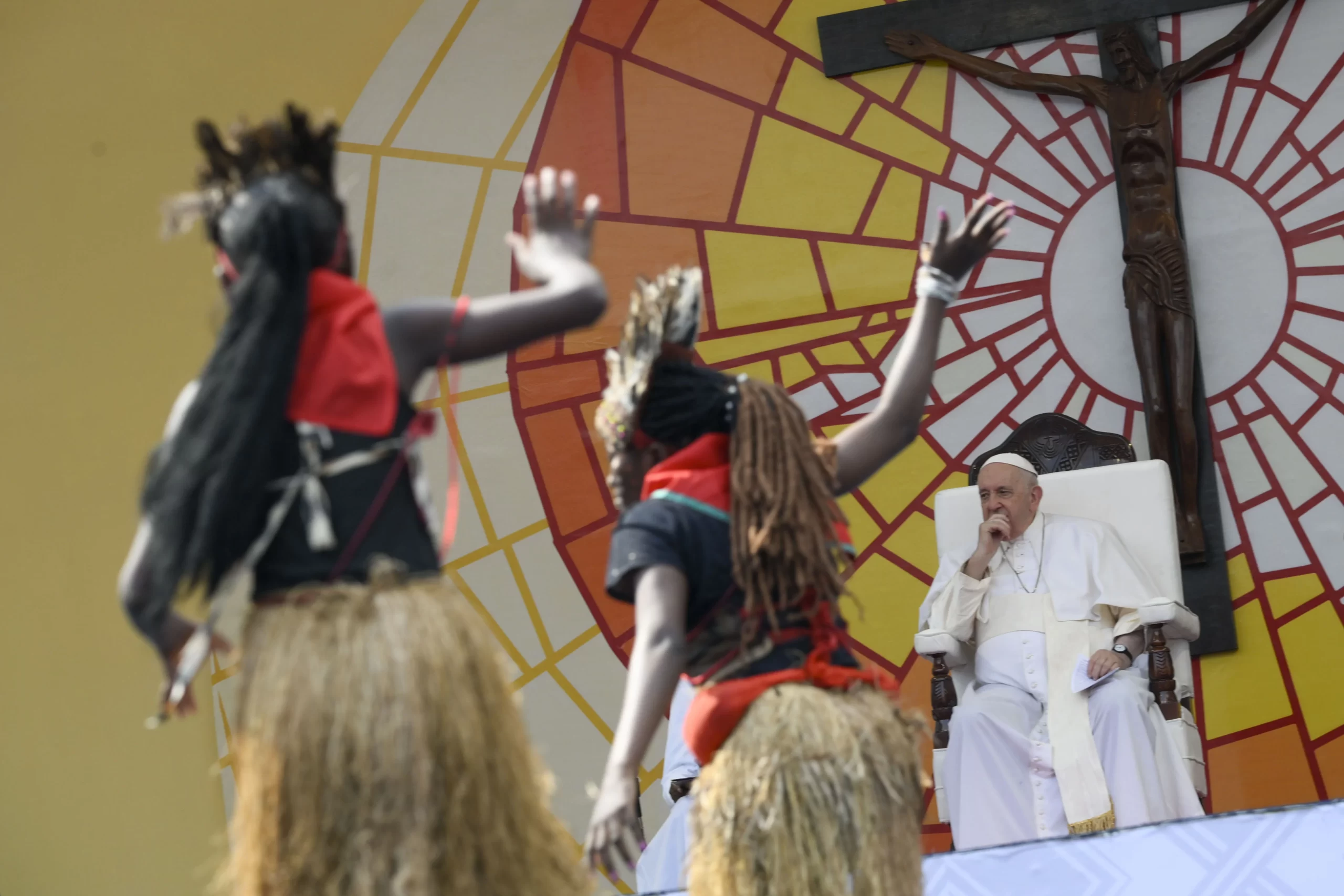 Pope Francis interacted with an energetic crowd of 65,000 young adults and catechists at Martyrs' Stadium in Kinshasa, Democratic Republic of Congo, on Feb. 2, 2023. Vatican Media