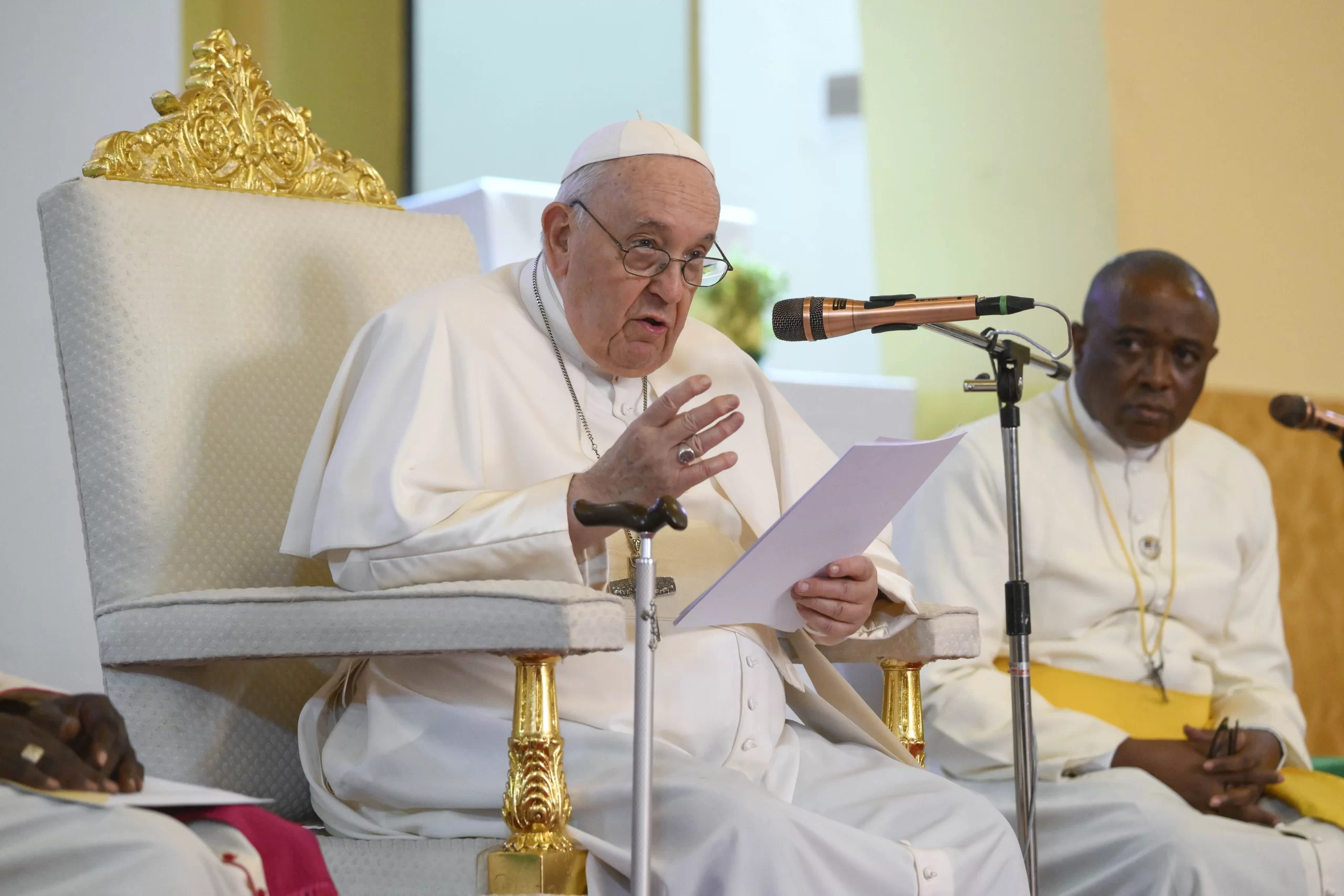 Pope Francis met with bishops, priests, and religious in St. Theresa Cathedral in Juba, South Sudan, on Feb. 4, 2023. Vatican Media