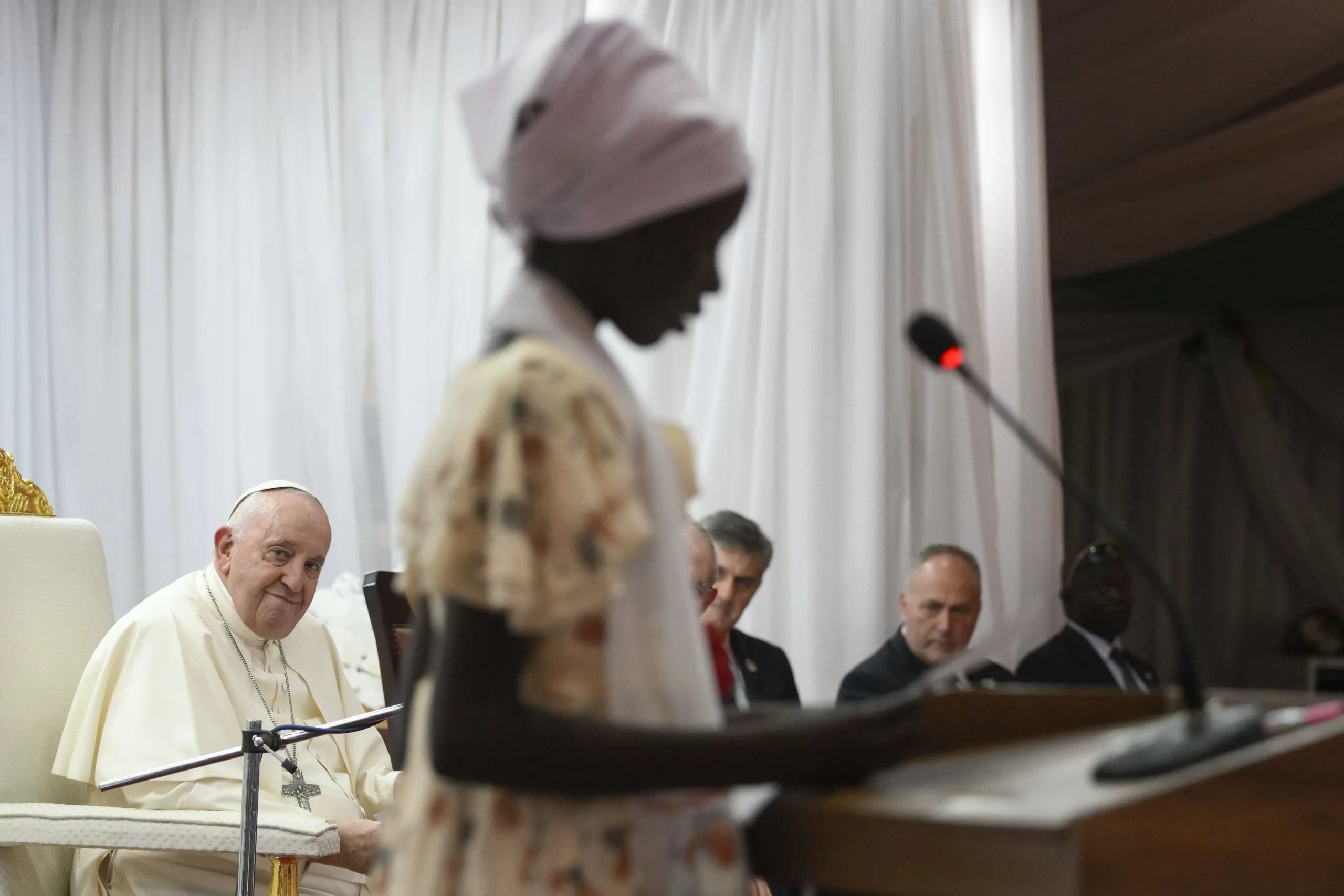 Nyakuor Rebecca speaks to Pope Francis during a gathering with refugees in Juba, South Sudan, on Feb. 4, 2023. Vatican Media