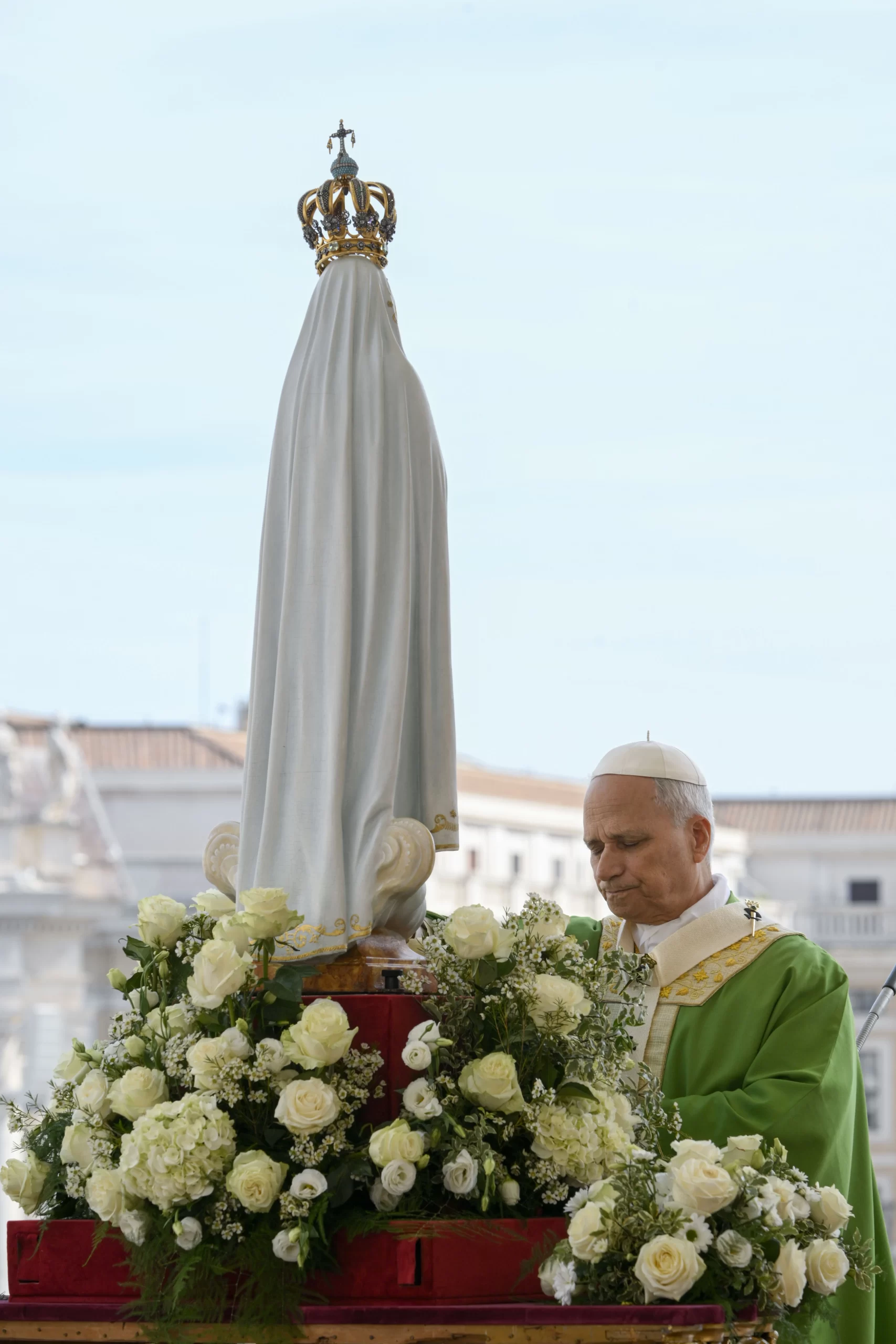 After delivering his homily on Sunday, Oct. 12 in St. Peter's Square, Pope Leo XIV stood before the original statue of Our Lady of Fatima brought to St. Peter’s Square from Portugal, and dedicated the Church and the world to the Blessed Virgin Mary. He prayed particularly for those “tormented by the scourges of war.” Credit: Vatican Media