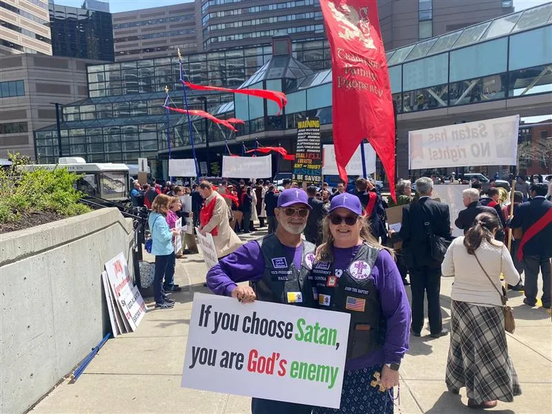 Donna Farrell-Pelissier and her husband, Paul Pelissier, attended SatanCon April 28, 2023, in Boston to make reparation. Credit: Joe Bukuras/CNA