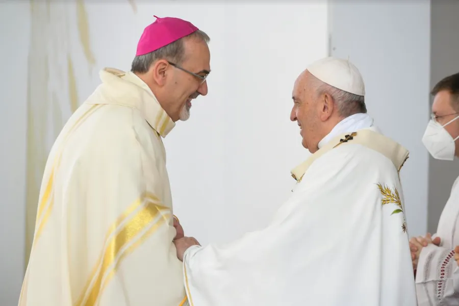 Pope Francis greets Latin Patriarch Pierbattista Pizzaballa of Jerusalem. Vatican Media.
