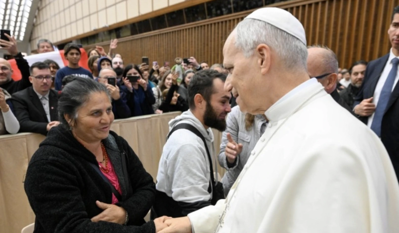 Pope Leo XIV greets participants in the Jubilee of Roma, Sinti, and Travelers in the Vatican's Paul VI Hall on Saturday, Oct. 18, 2025. Credit: Vatican Media