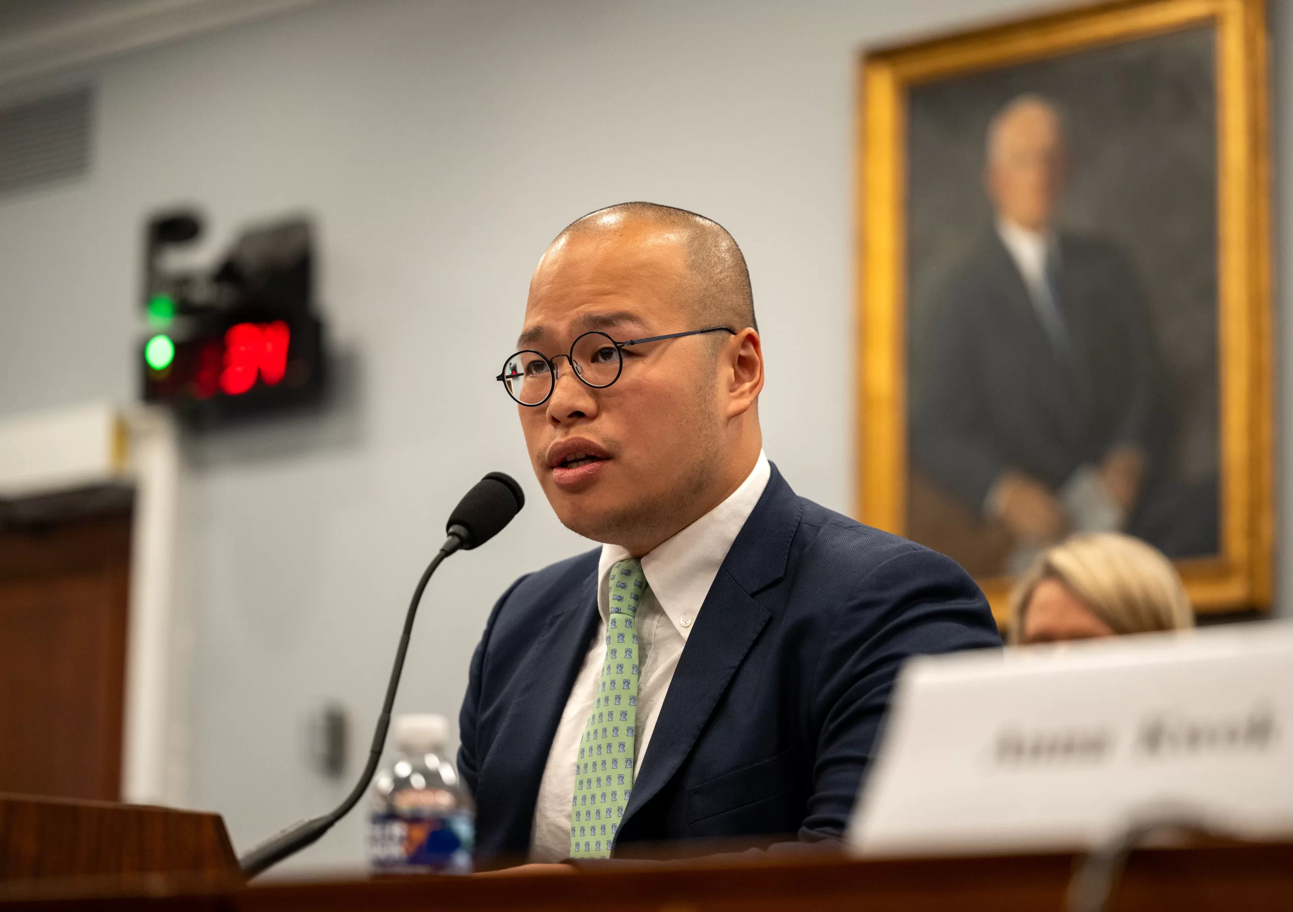 Sebastien Lai, son of political prisoner Jimmy Lai, testified at a hearing on May 11, 2023, headed by Rep. Chris Smith. Courtesy of the office of Rep. Chris Smith