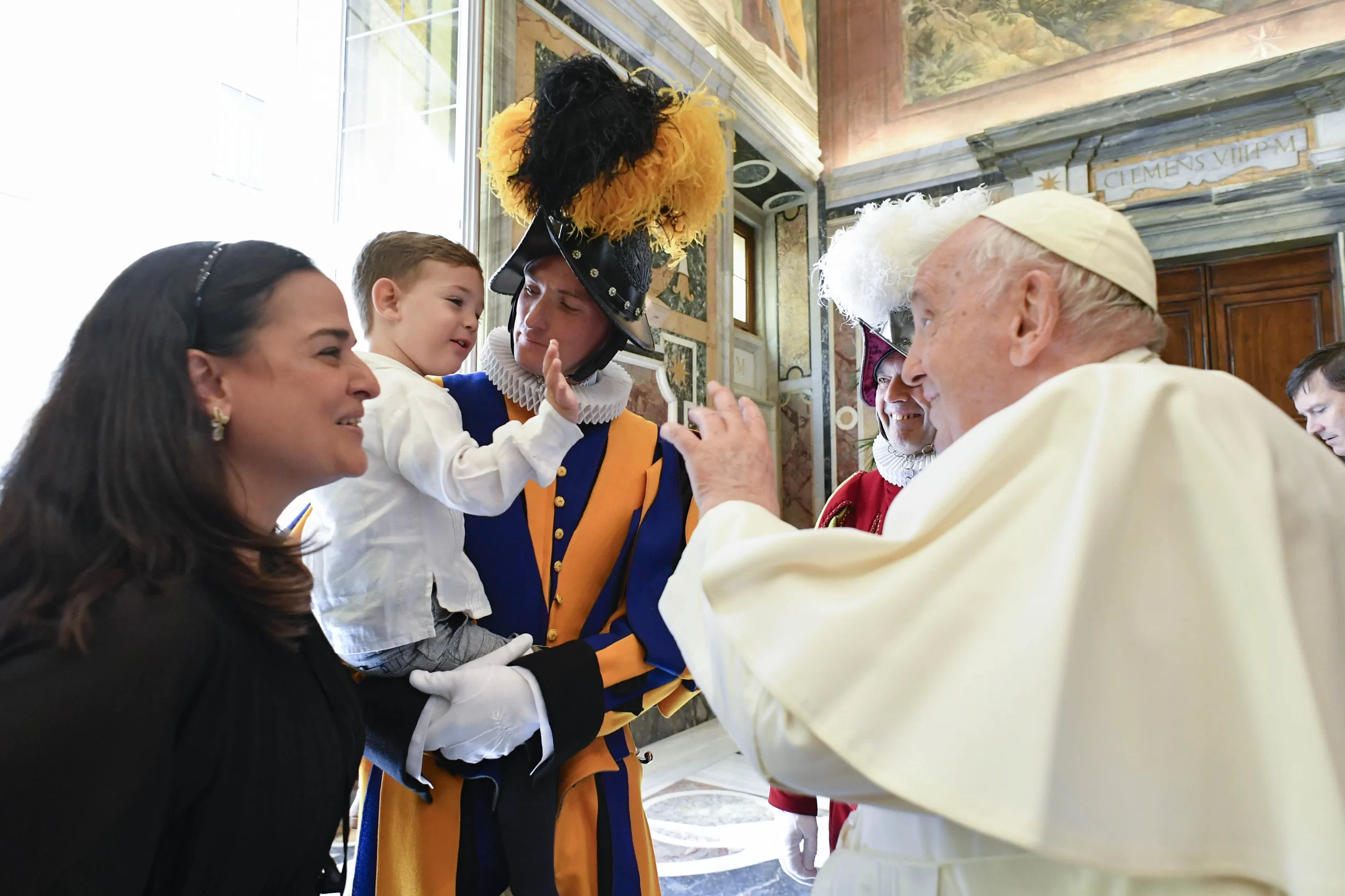 Pope Francis met members of the Swiss Guard and their families in the Apostolic Palace before the swearing-in of the new recruits on May 6, 2023. Vatican Media