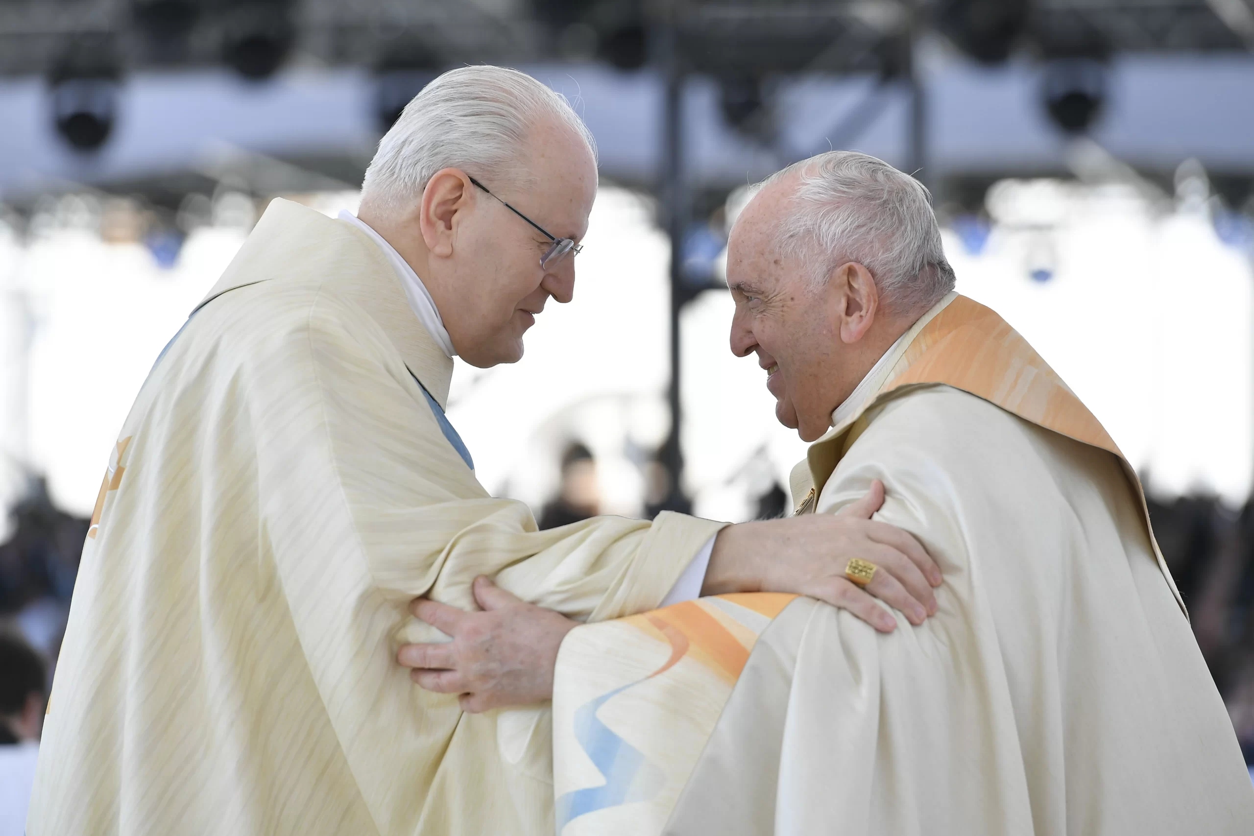 Pope Francis and Cardinal Peter Erdő, the archbishop of Budapest (left) are shown at the outdoor Mass held in Budapest, Hungary, on April 30, 2023. Erdő was the principal celebrant of the Mass; since the pope’s knee injury has impeded his mobility, he has called on cardinals to take his place at the altar. Vatican Media