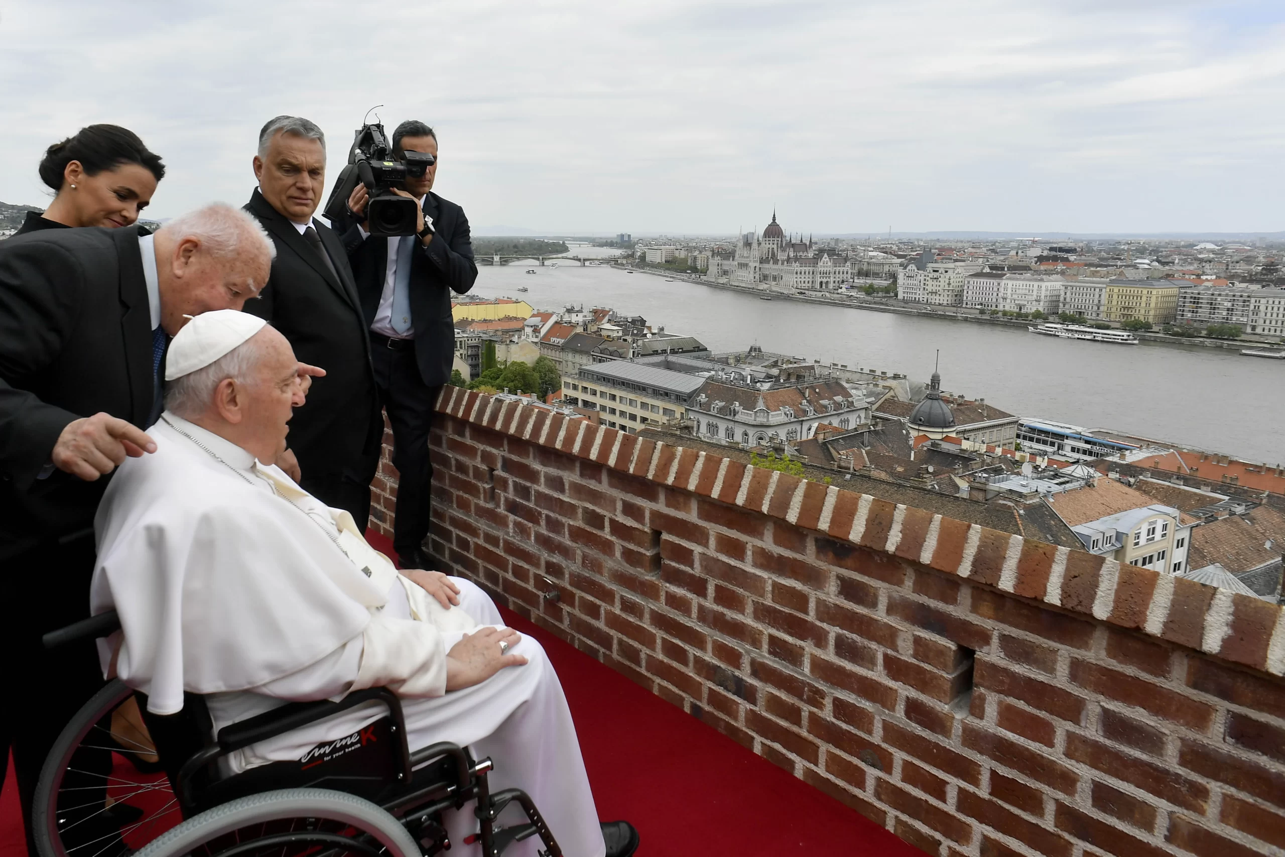 Pope Francis meets civil authorities and other dignitaries at a former a Carmelite monastery in Budapest, Hungary, on April 28, 2023, on the first day of his three-day pilgrimage to the country. Credit: Vatican Media