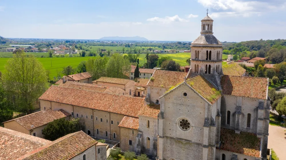 Aerial view of Fossanova Abbey located in Priverno, in the province of Latina, Italy. Credit: Stefano Tammaro/Shutterstock