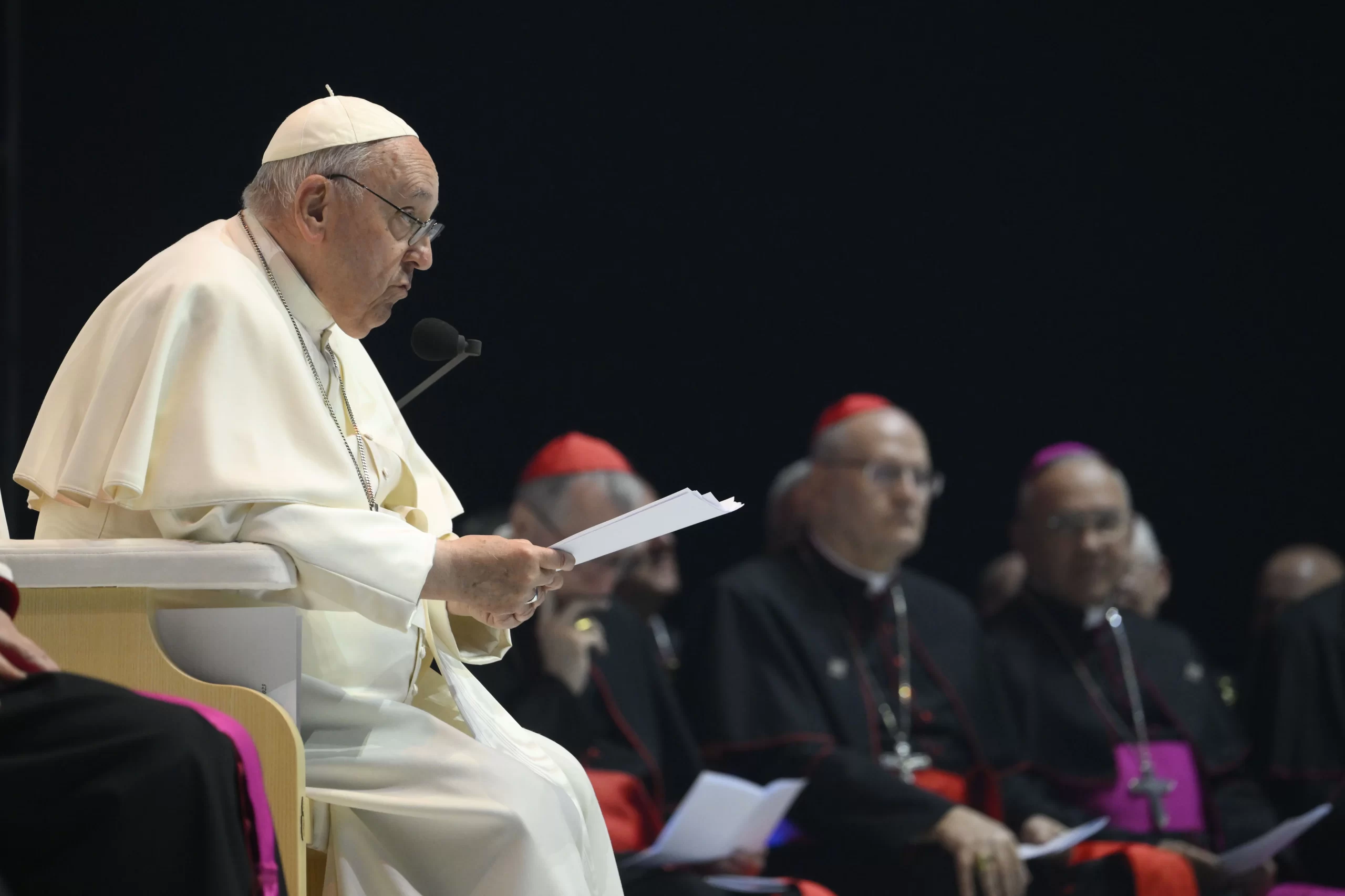 Pope Francis address young people at a sports arena in Budapest, Hungary, on April 29, 2023. Vatican Media