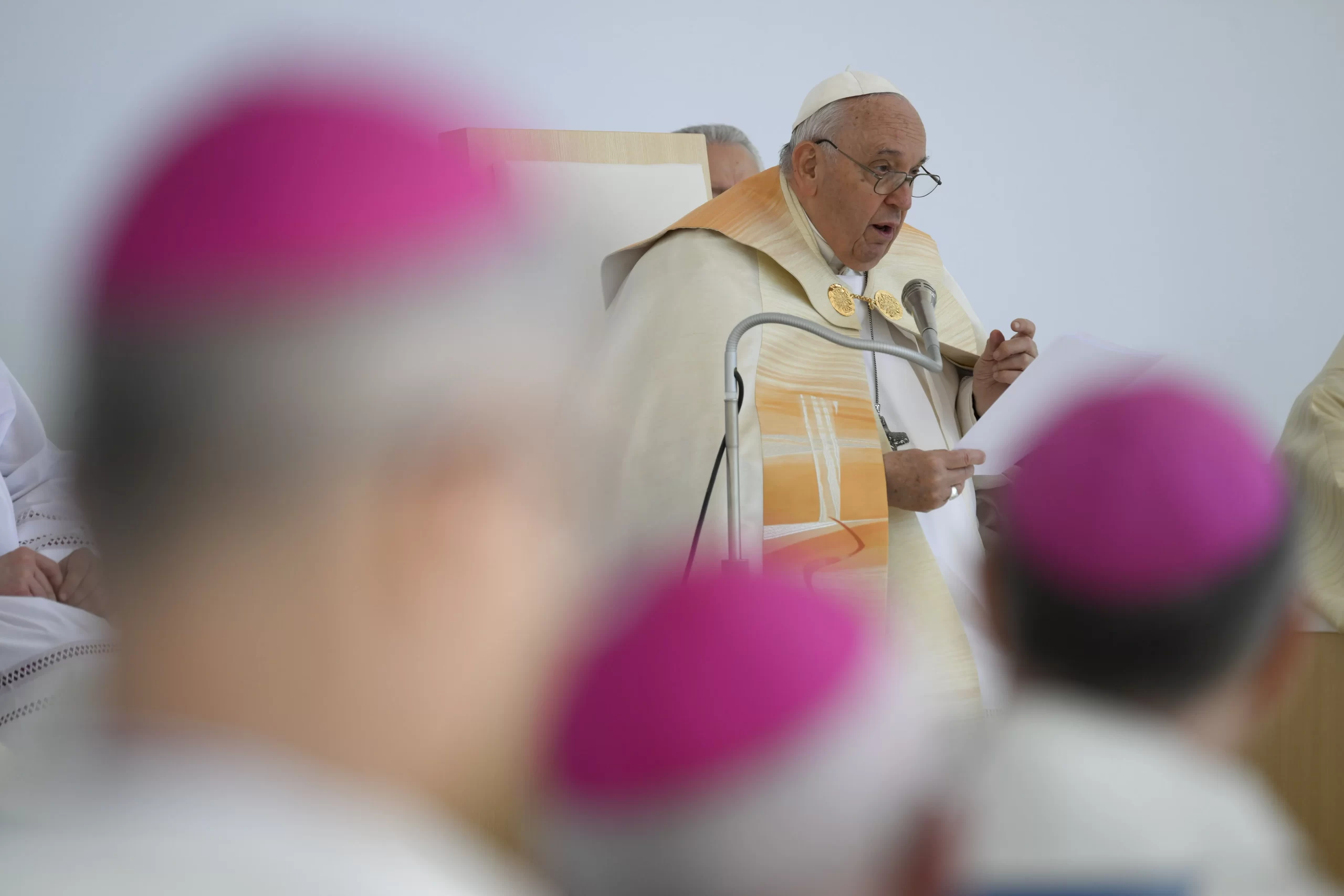 Pope Francis speaks during a public outdoor Mass in Kossuth Lajos Square in Budapest, Hungary, on April 30, 2023. Vatican Media