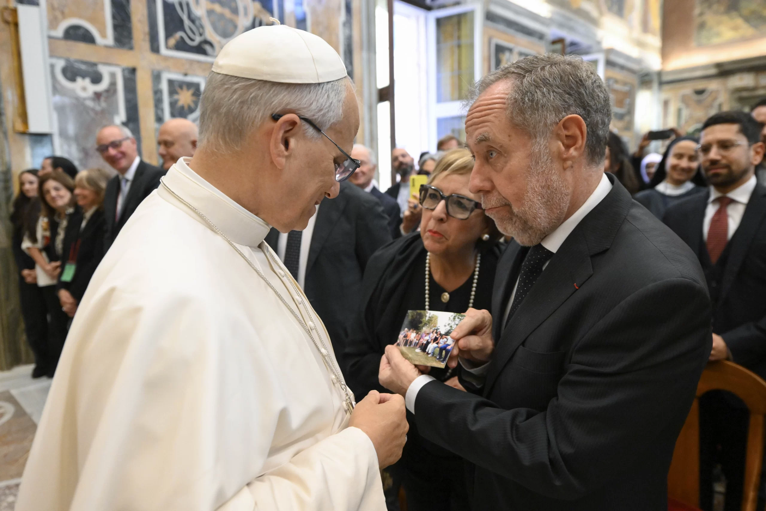Pope Leo XIV speaks to visitors during an audience with the Pontifical John Paul II Institute for Studies on Marriage and the Family at the Vatican on Friday, Oct. 24, 2025. Credit: Vatican Media