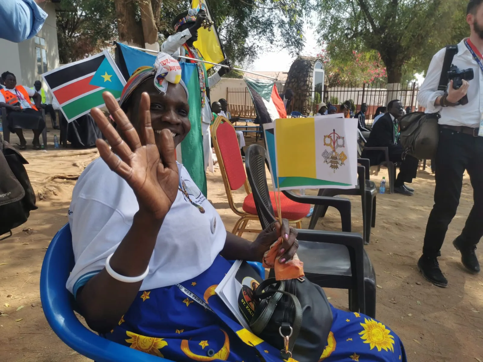 People outside St. Theresa Cathedral in Juba, South Sudan for Pope Francis' meeting with bishops, priests, and religious on Feb. 4, 2023. Gianluca Teseo/CNA