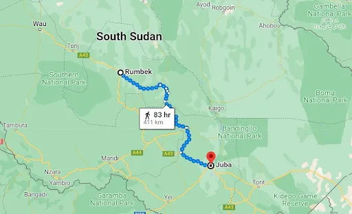 A screen shot of the path taken by the walk for peace pilgrimage from Rumbek to Juba Jan. 25 to Feb. 2, 2023.