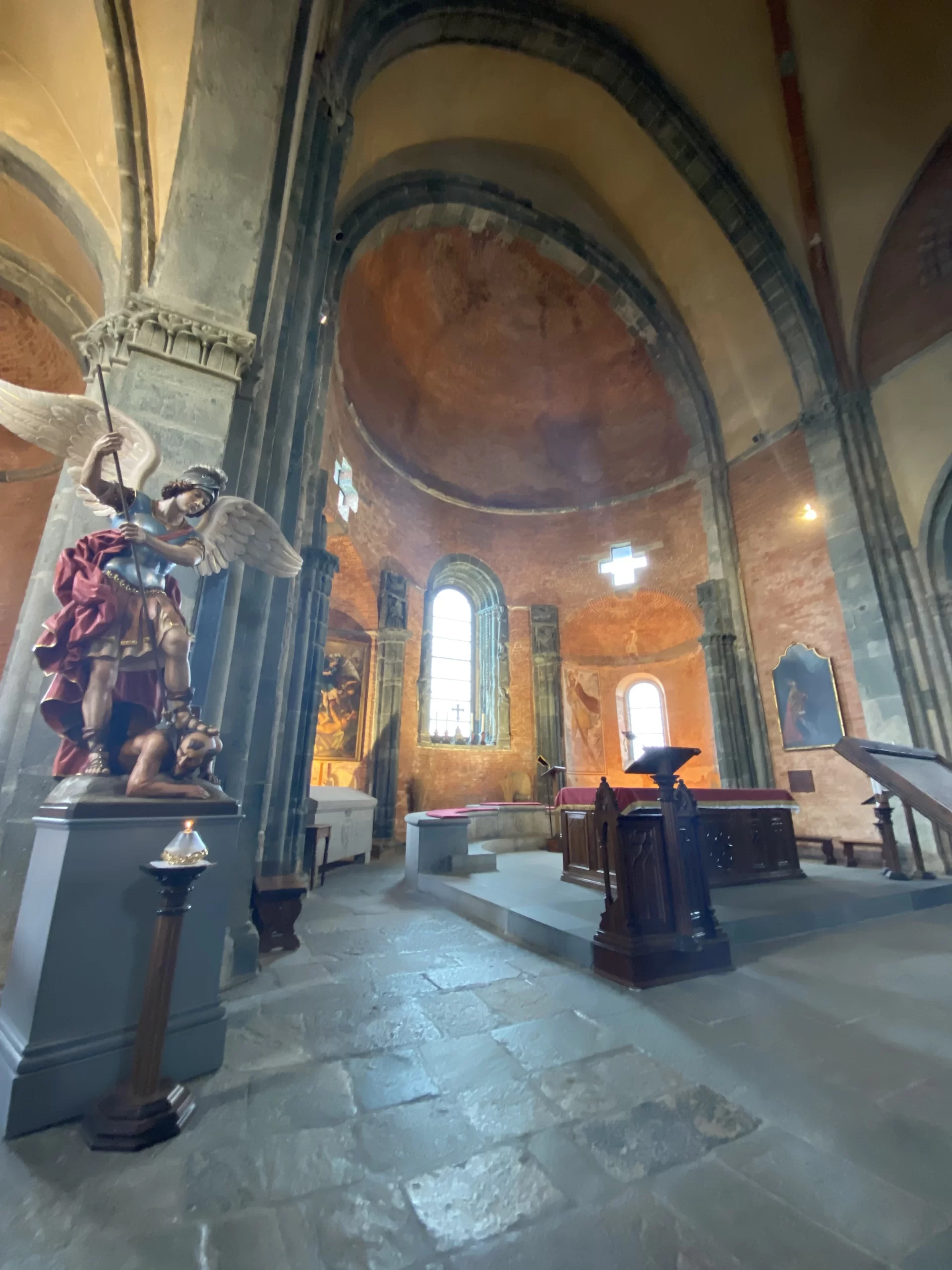 A statue of St. Michael sits in the Sacra di San Michele, Italy, July 2025. Credit: Emma Silvestri