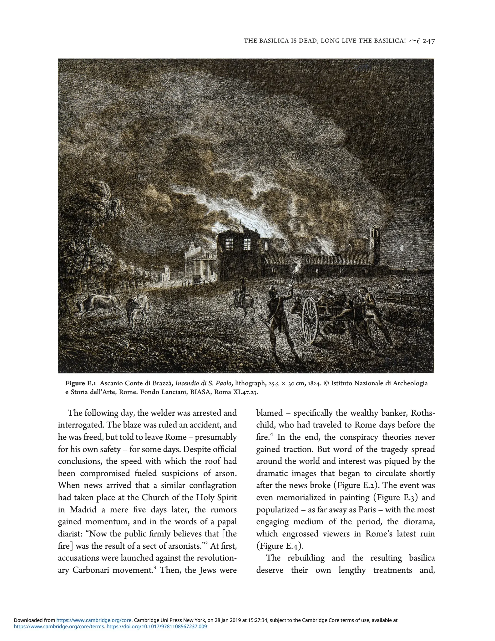 Lithograph image of fire at St. Paul Outside the Walls in Rome, 1823, depicted in "St. Paul's Outside the Walls, A Roman Basilica, from Antiquity to the Modern Era," by Professor Nicola Camerlenghi, 2018. Photo courtesy of Professor Nicola Camerlenghi from his book "St. Paul's Outside the Walls, A Roman Basilica, from Antiquity to the Modern Era," 2018
