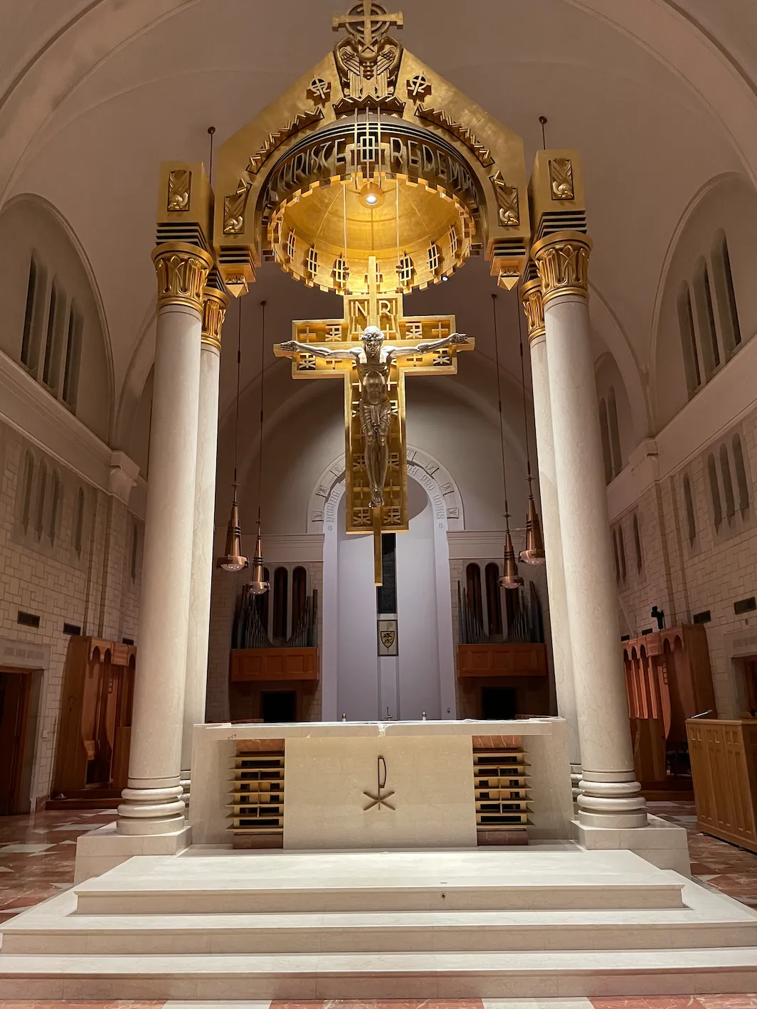 The vandalism of the altar took place under the Crucifix gracing Subiaco Abbey. Subiaco Abbey