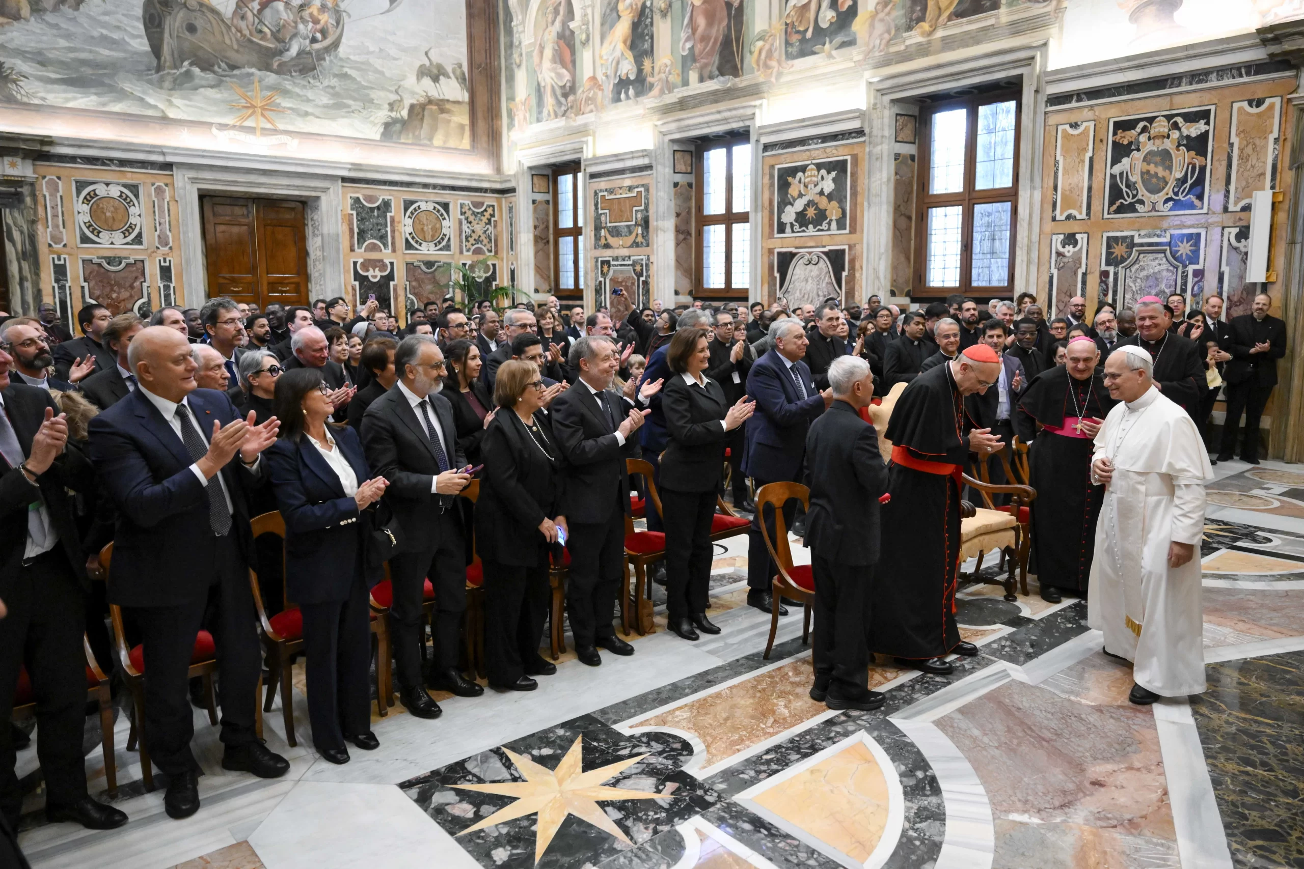Pope Leo XIV greets visitors during an audience with the Pontifical John Paul II Institute for Studies on Marriage and the Family at the Vatican on Friday, Oct. 24, 2025. Credit: Vatican Media